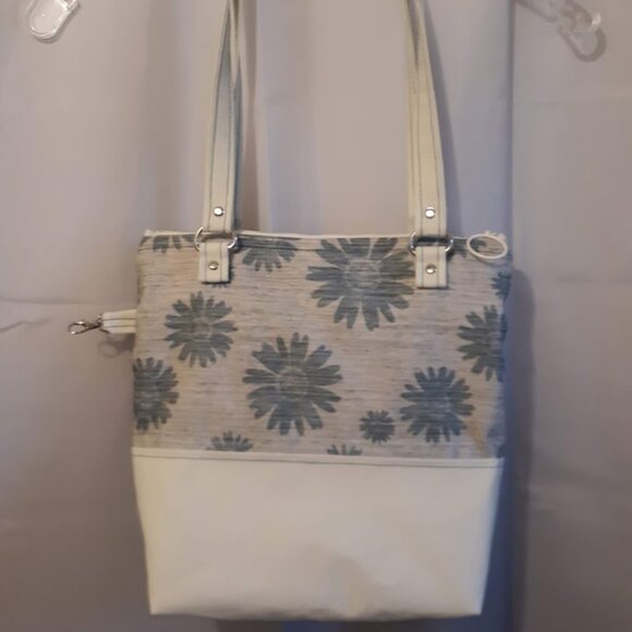 New Floral Vinyl Double handle Shoulder Satchel Bag Purse Greige Teal Canva Boho - Picture 2 of 10